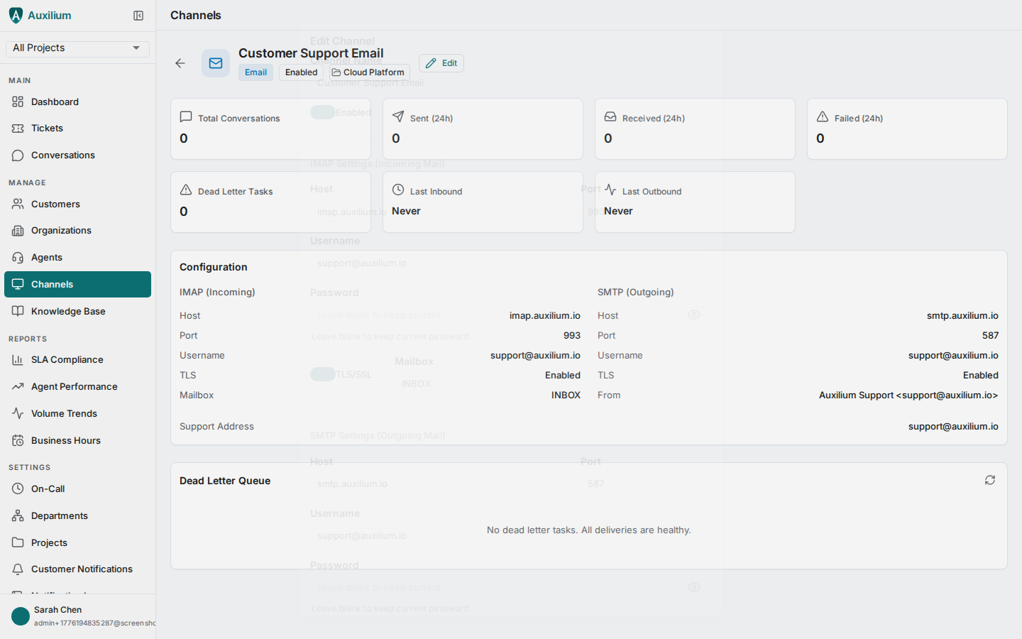 Email channel configuration and statistics