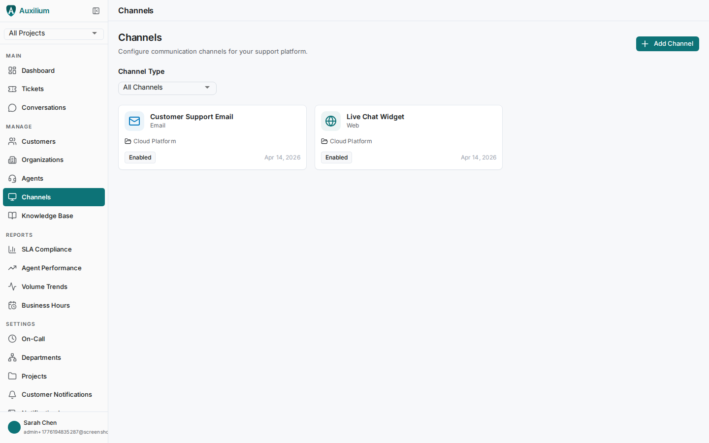 Channel configuration showing email and live chat integrations