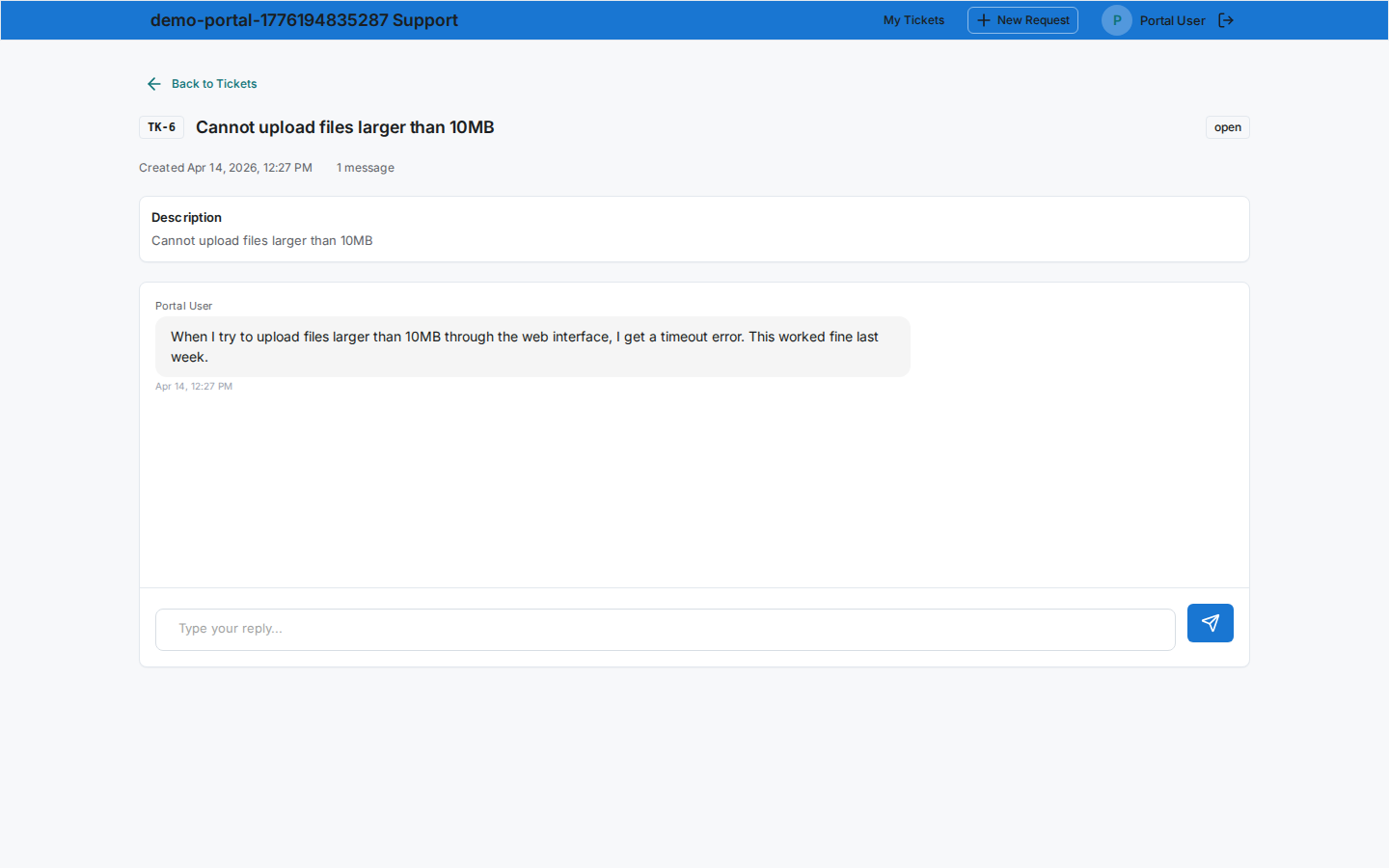 Customer portal ticket detail with conversation thread