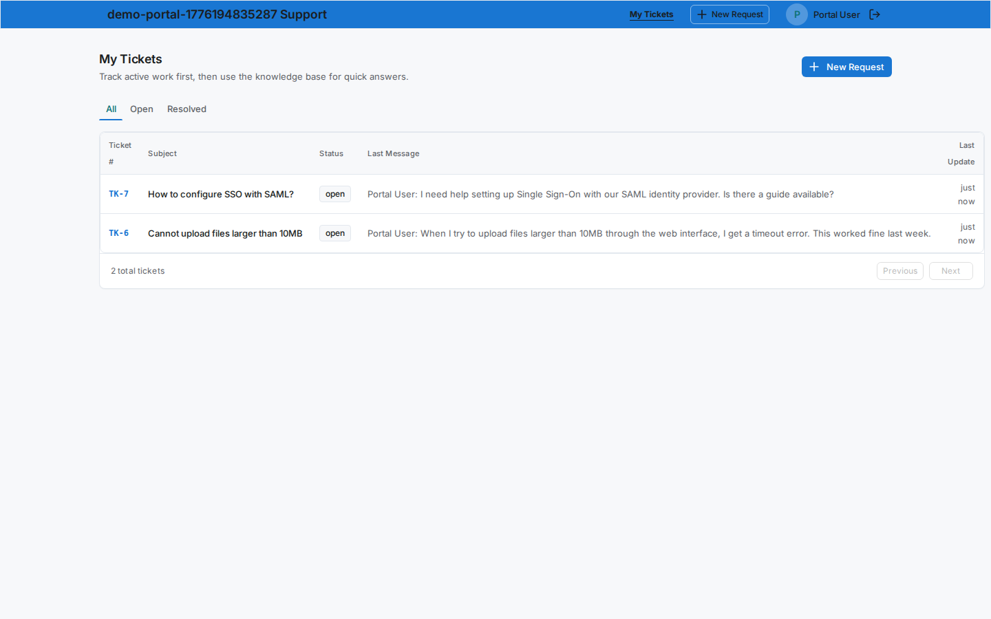 Customer portal showing ticket list with status filters