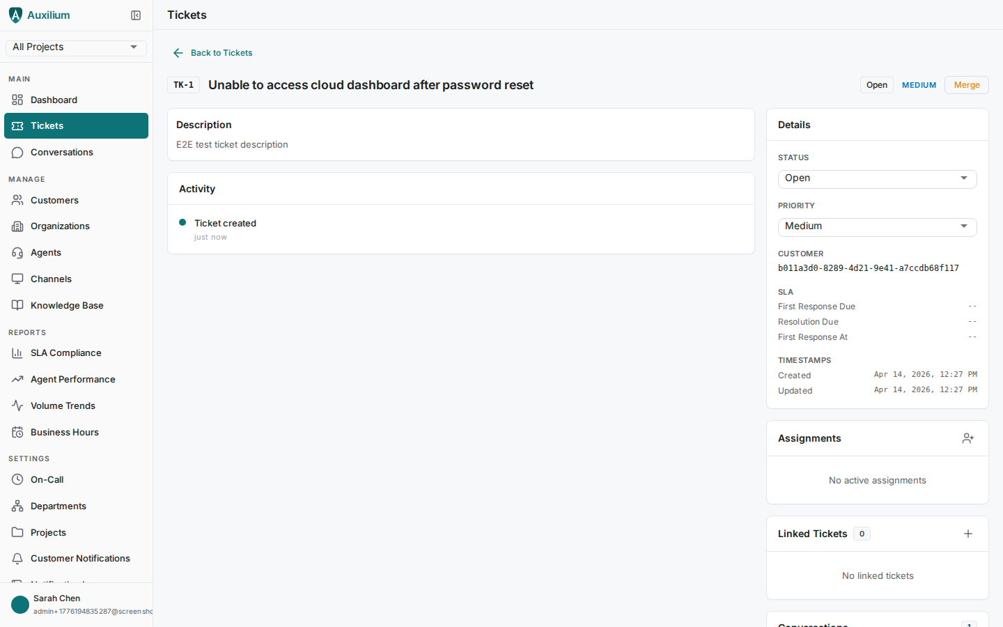 Ticket detail view showing AI-drafted response with sources