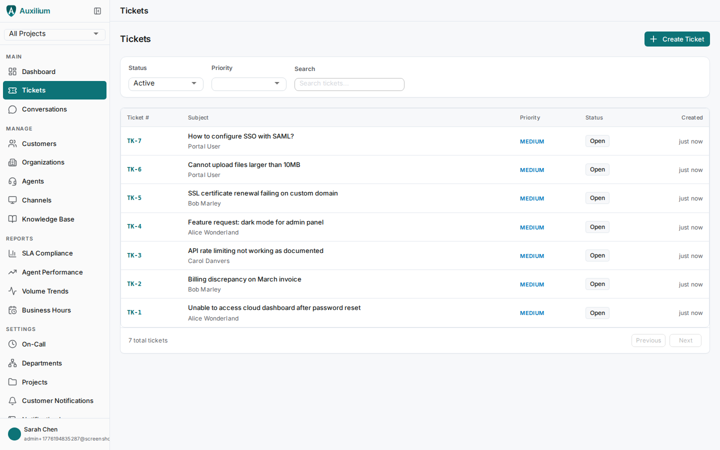 Ticket list with priority and status filters